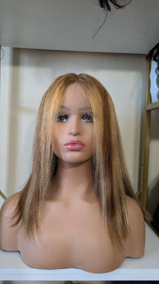14 inches straight brown & gold highlights 14x4 human hair lace front wig